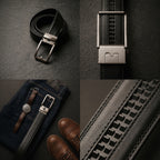 Collage of a black leather belt with silver buckle on a dark textured background.