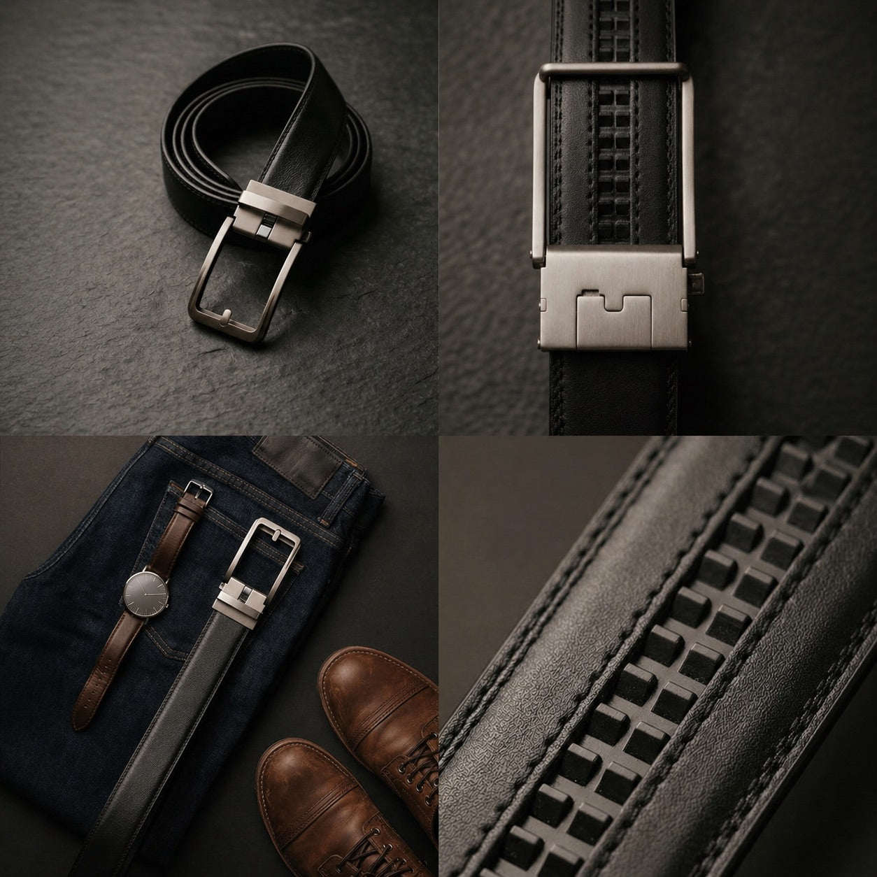 Collage of a black leather belt with silver buckle on a dark textured background.