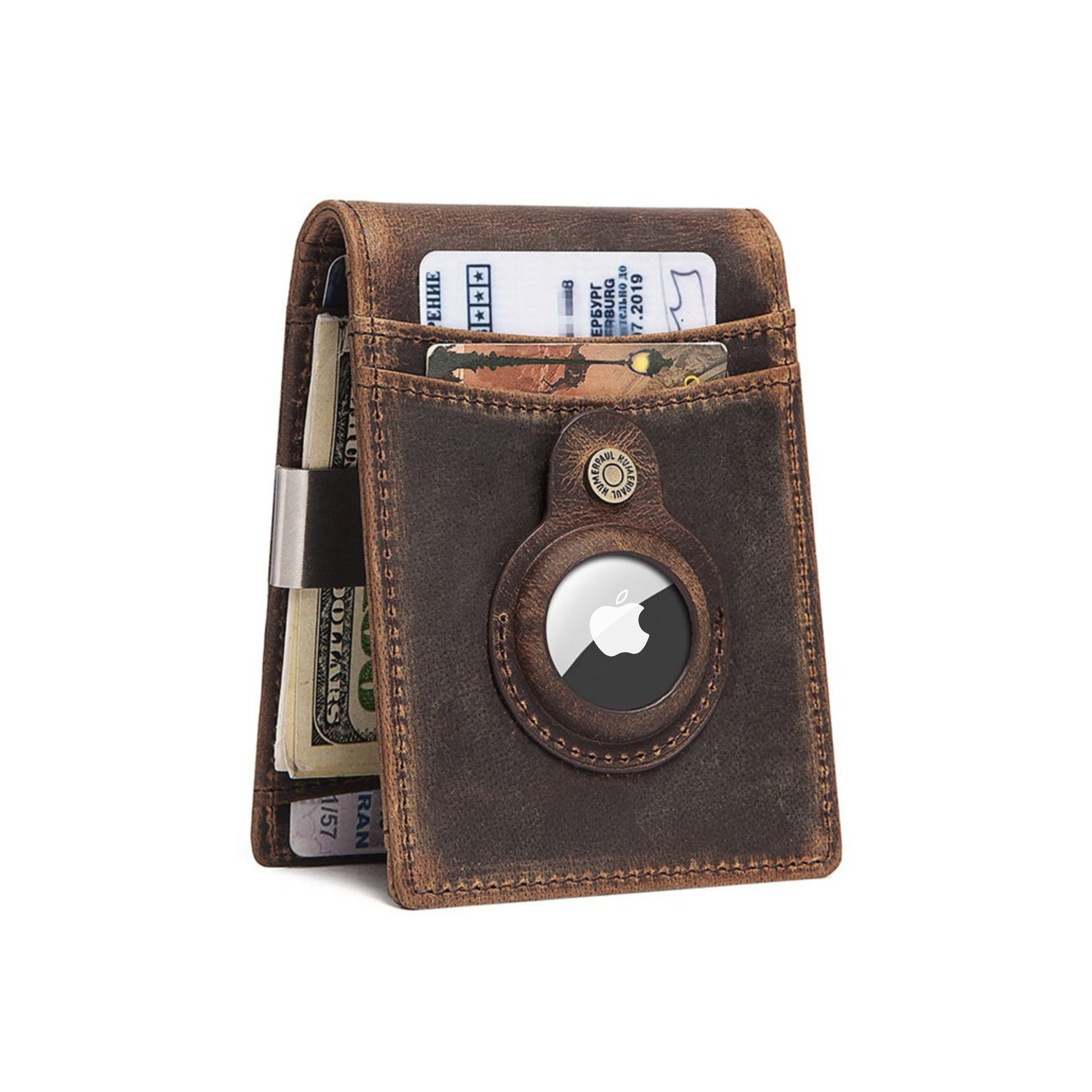 Brown leather wallet with card slots and money clip on a white background