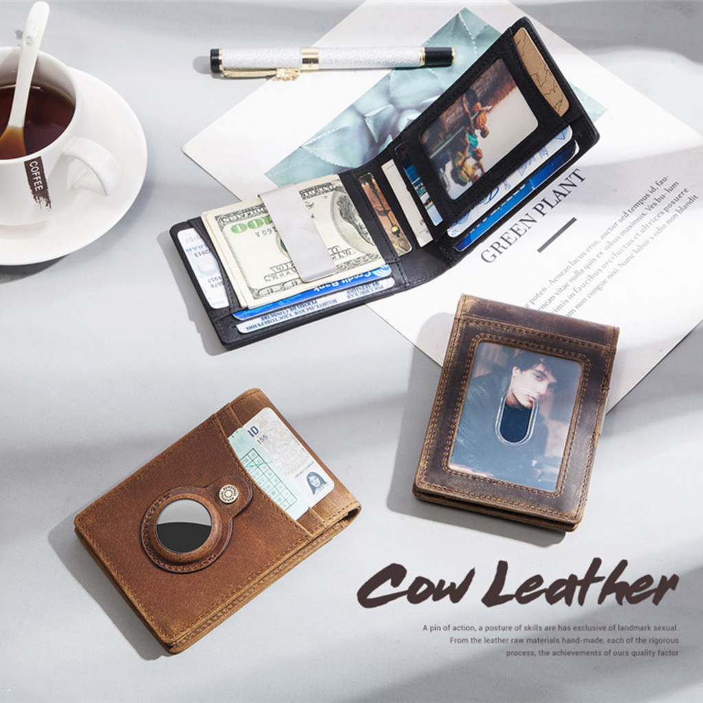 Brown leather wallets on a white surface with a cup of coffee and newspaper.