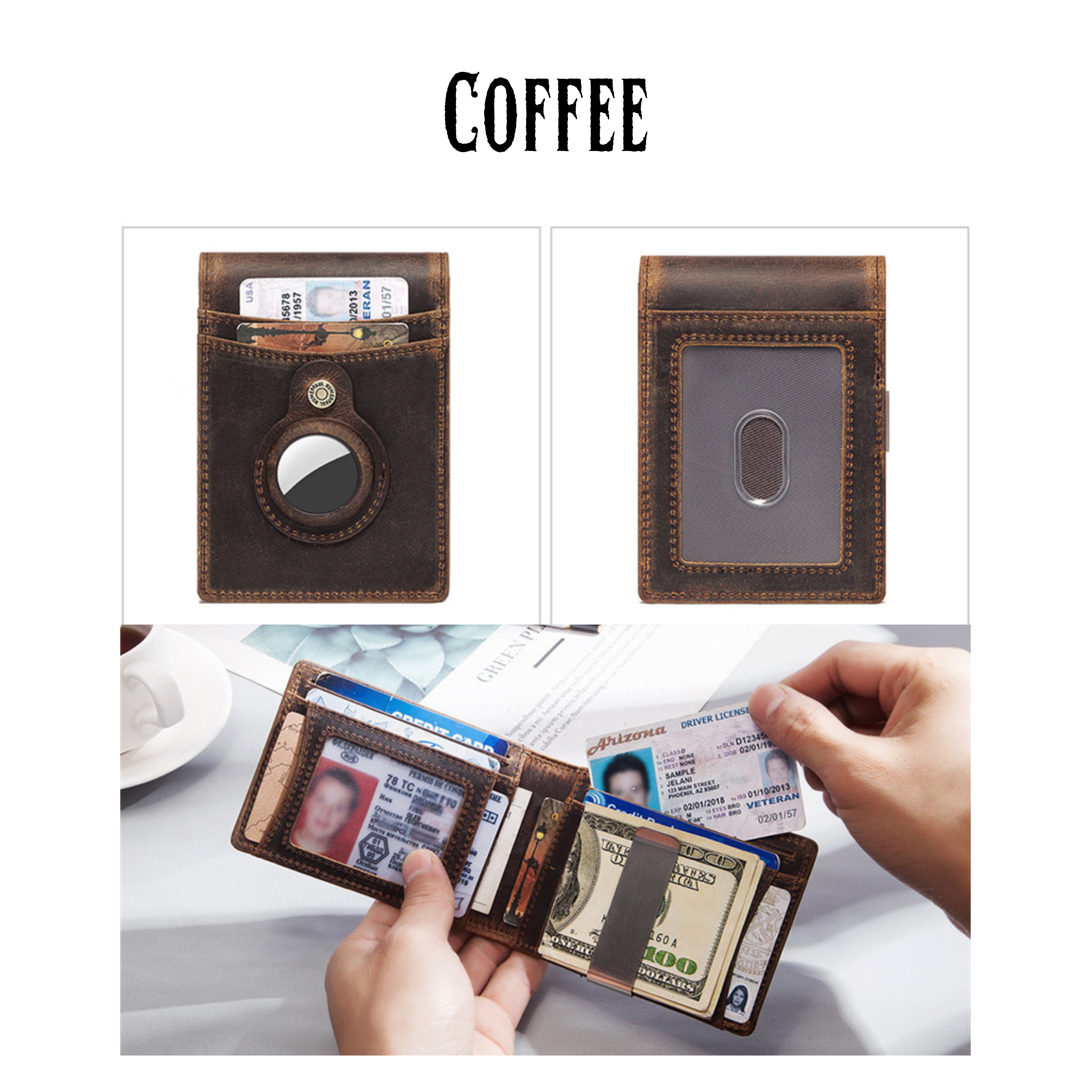 Brown leather wallet with card slots and money clip, held by a hand on a white surface.