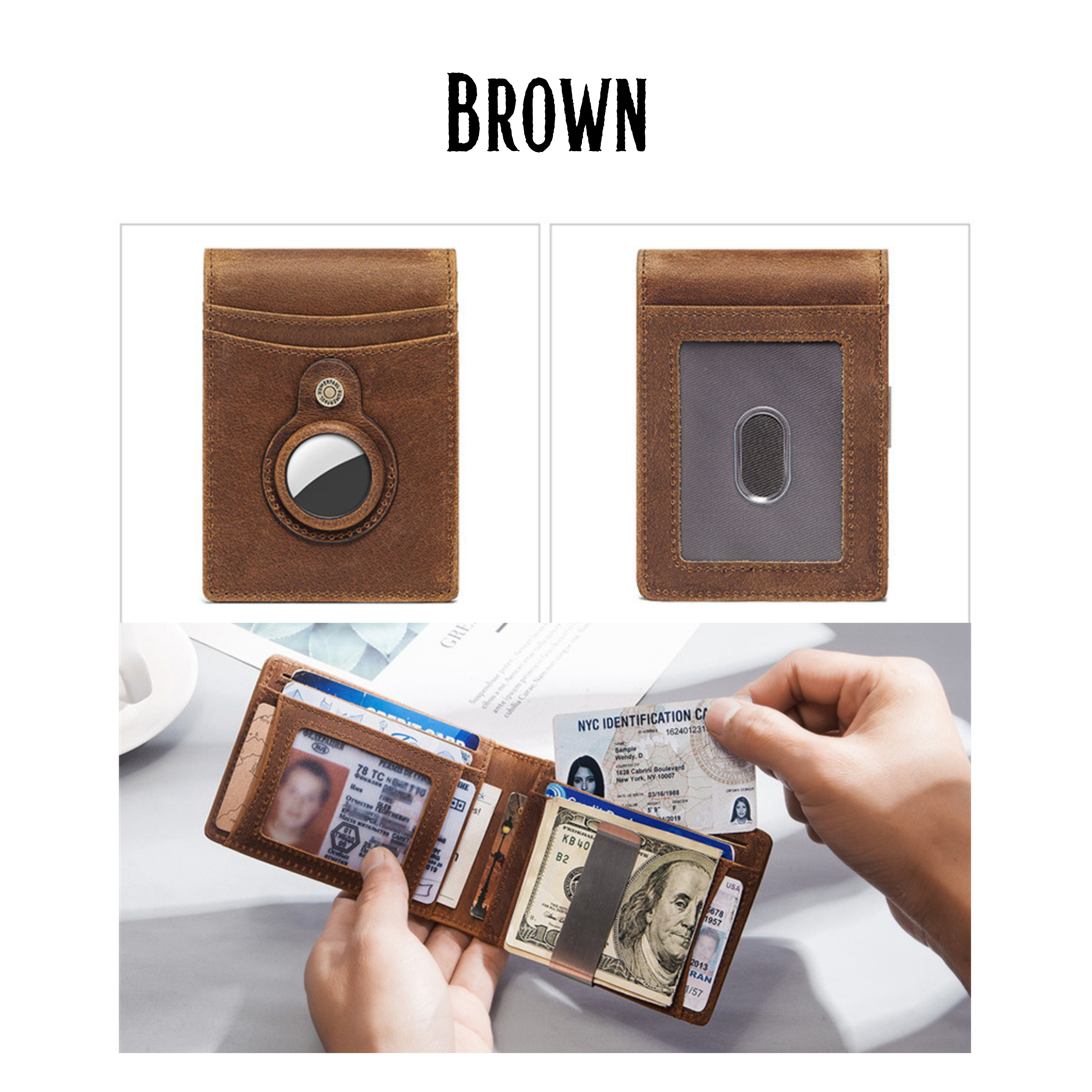 Brown leather wallet with card slots and money clip, held by a hand.