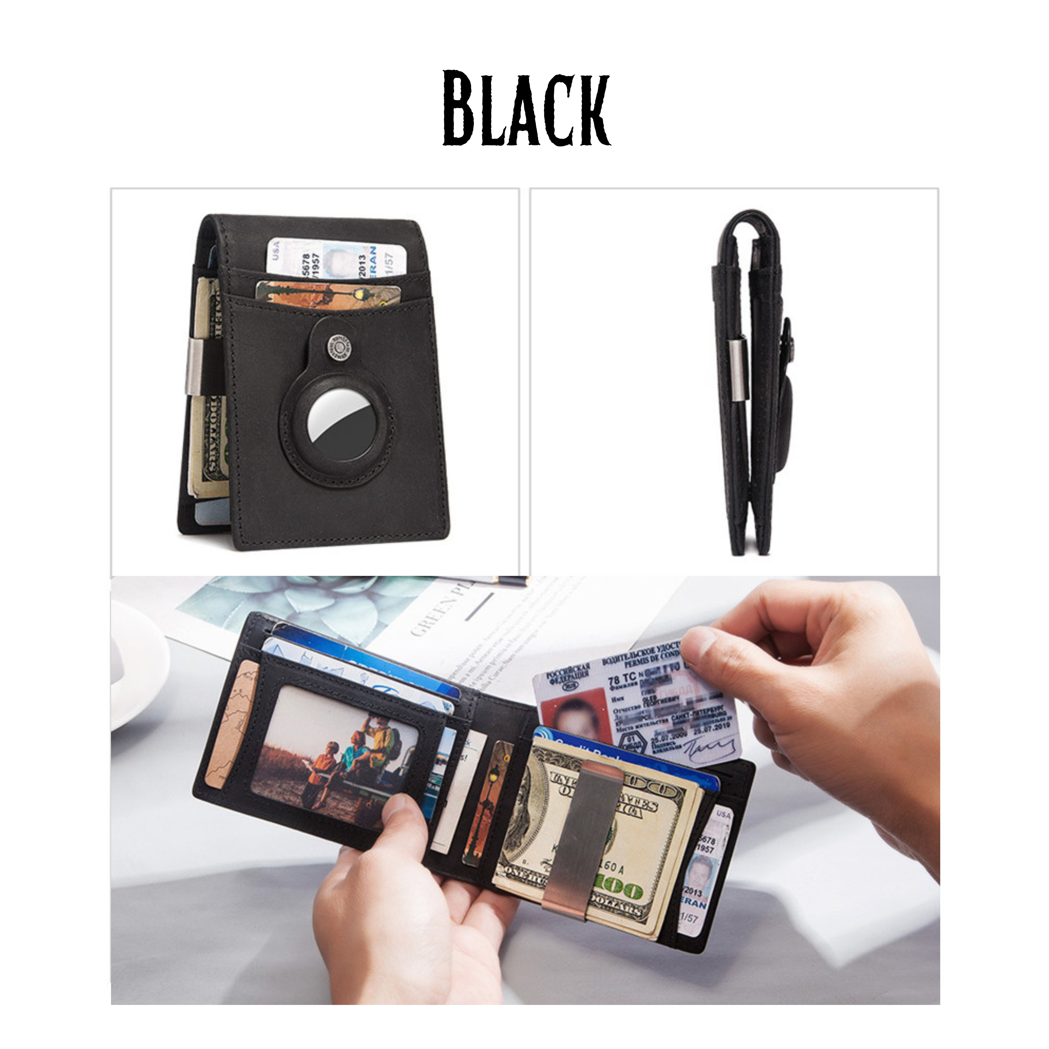 Man holding a brown leather wallet with product features on the left