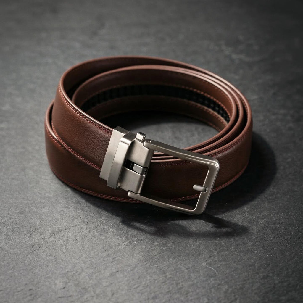 Brown leather belt with a silver buckle on a dark gray background