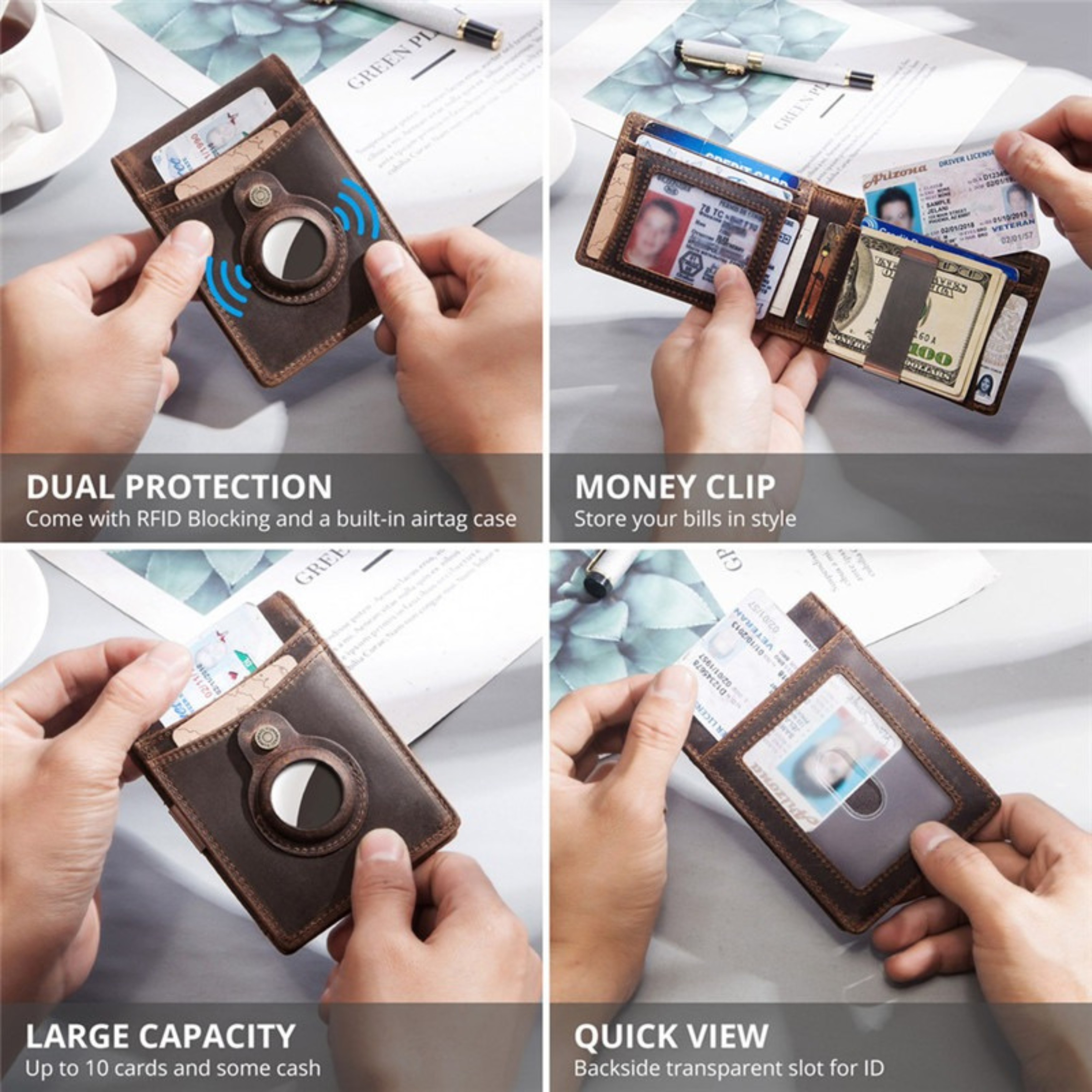 Brown leather wallet with various features highlighted on a white surface.