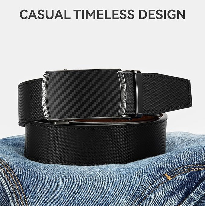 Black carbon fiber belt on a denim background with 'Casual Timeless Design' text.