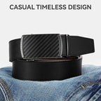 Black carbon fiber belt on a denim background with 'Casual Timeless Design' text.