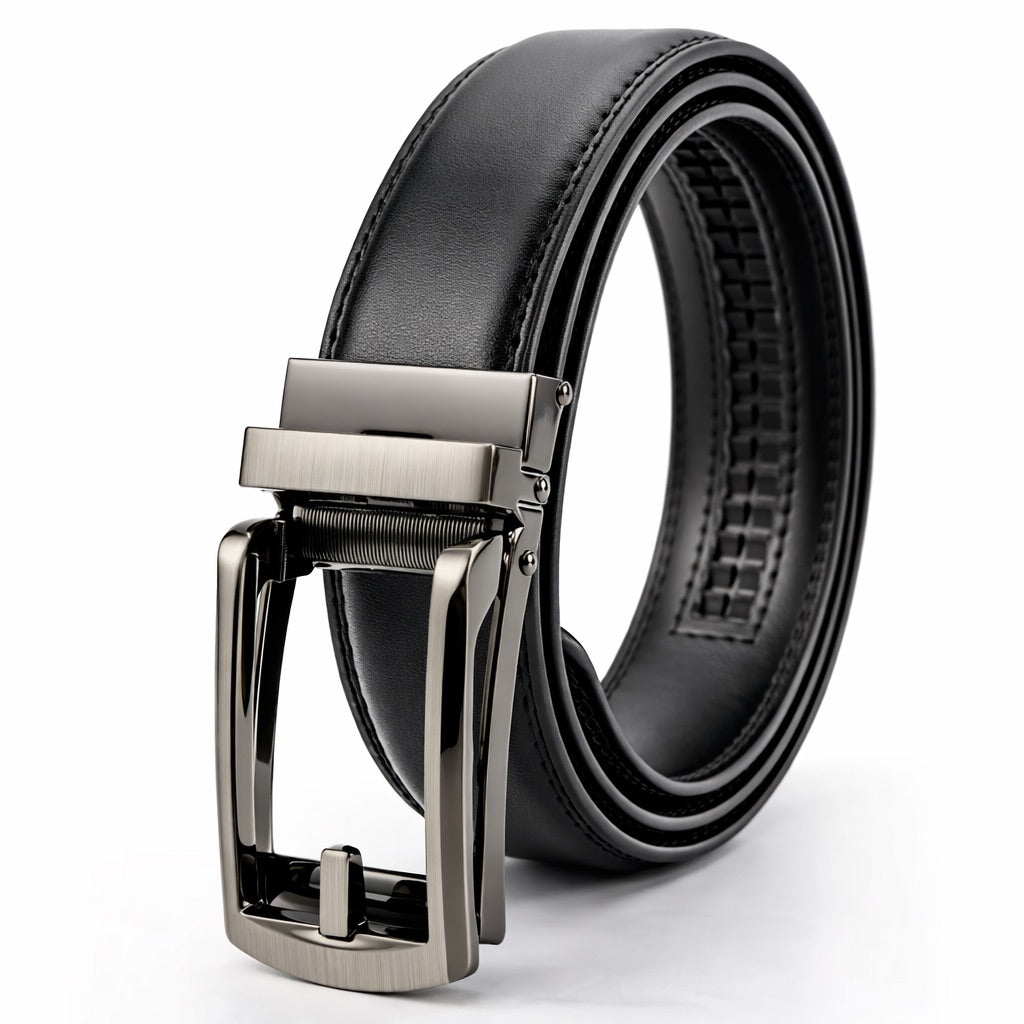 Black leather belt with a silver buckle on a white background