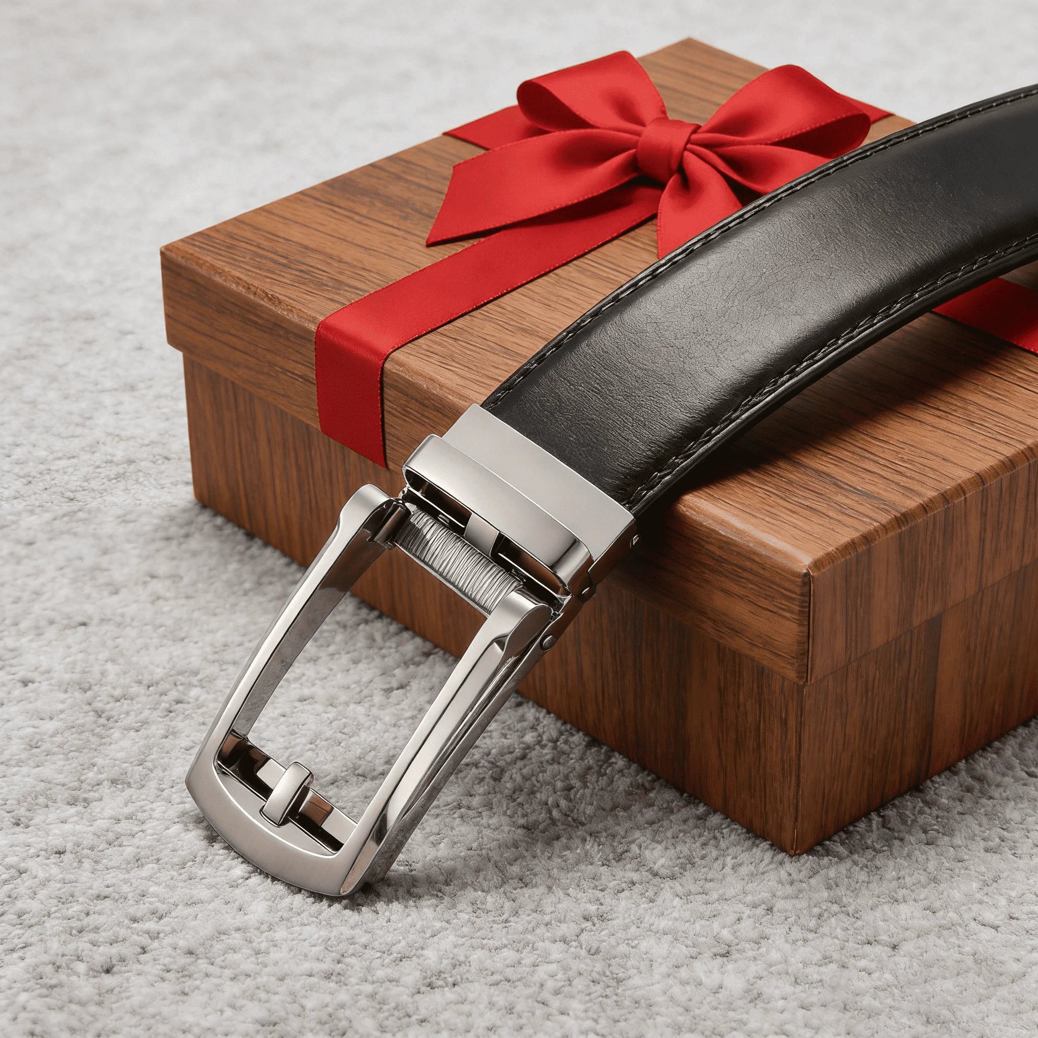Black leather belt with silver buckle on a wooden box with a red ribbon.