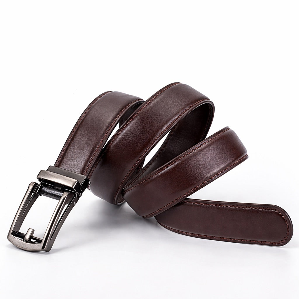 Brown leather belt with a silver buckle on a white background