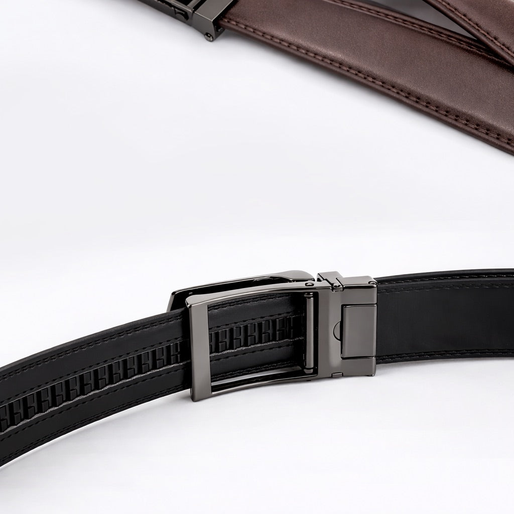 Black belt with a silver buckle on a white background