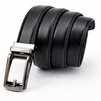 Black leather belt with a silver buckle on a white background