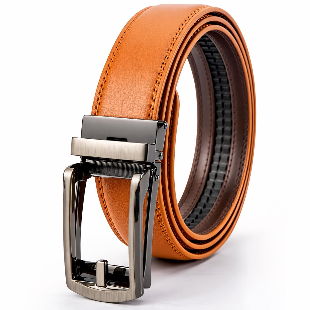 Brown leather belt with silver buckle on a white background