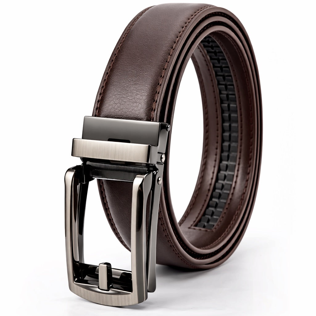 Brown leather belt with silver buckle on a white background