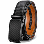 Black carbon fiber pattern belt with brown leather interior on a white background
