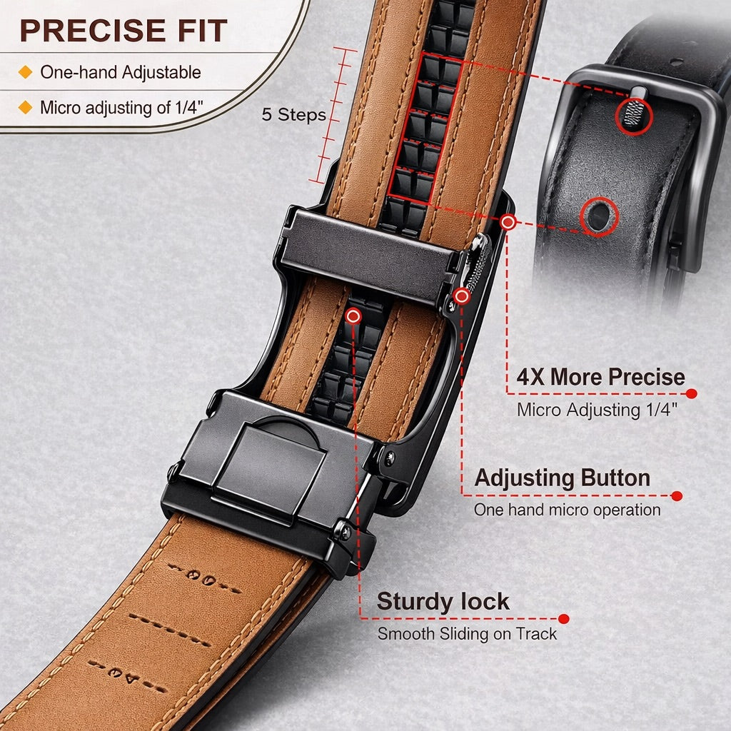 Brown belt with black buckle and adjustable features on a gray background