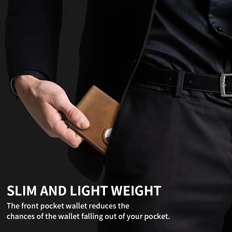 Person holding a brown wallet with text about its slim and lightweight design.