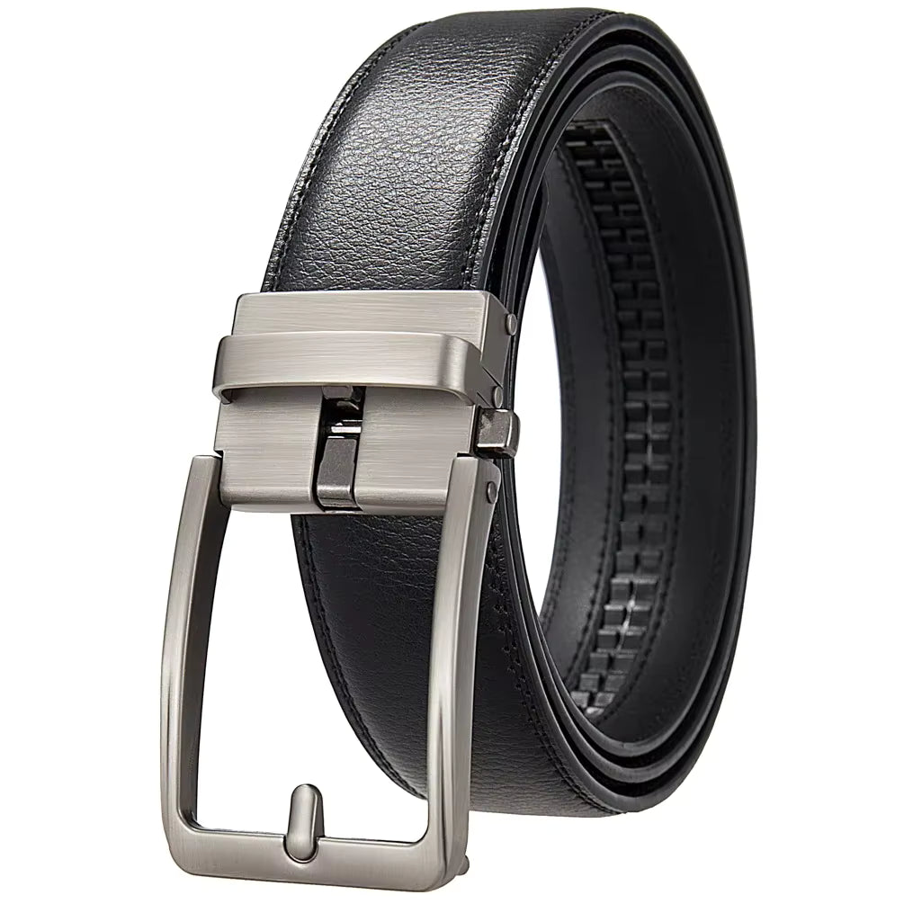 Black leather belt with a silver buckle on a white background