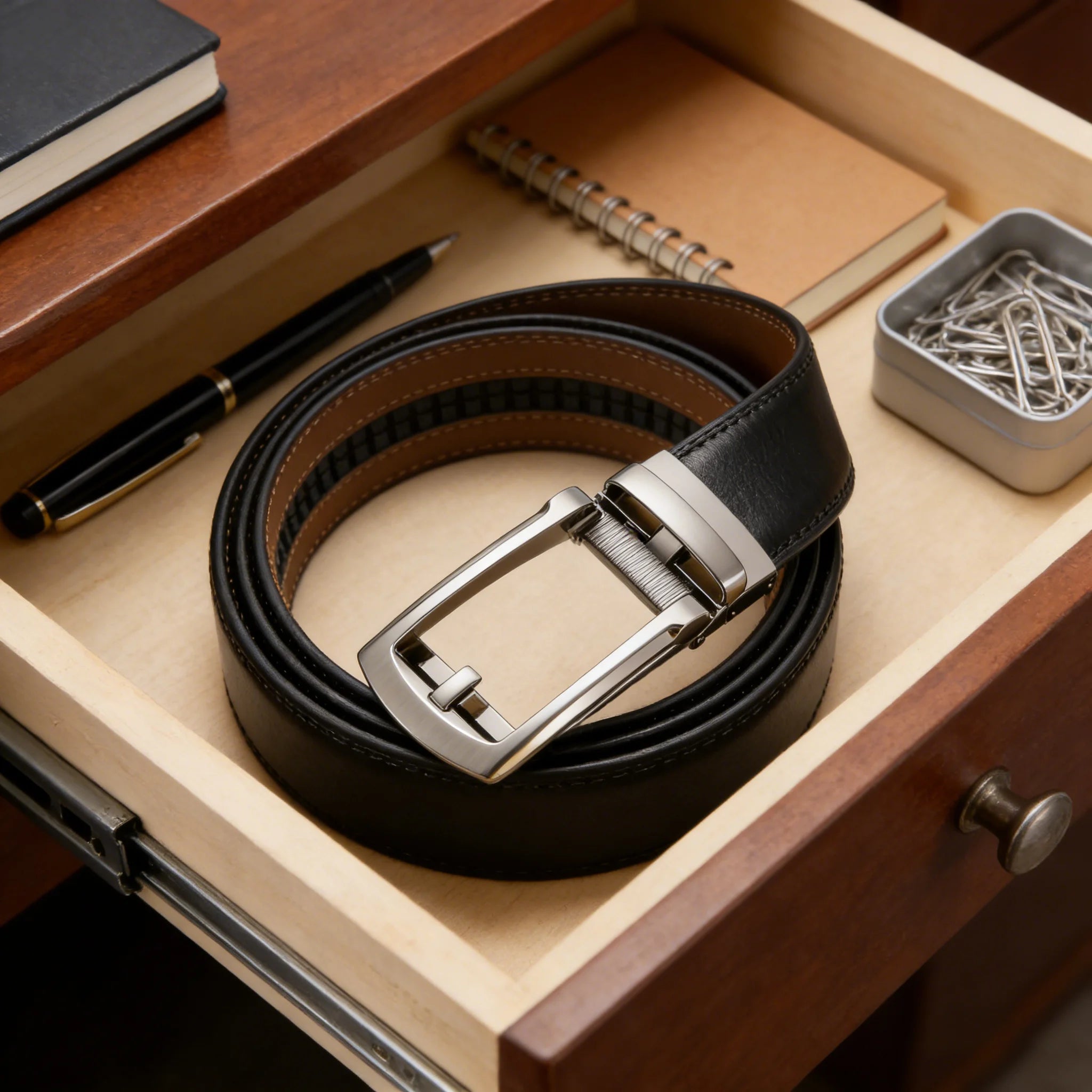 Black belt with silver buckle on a wooden desk with office supplies.