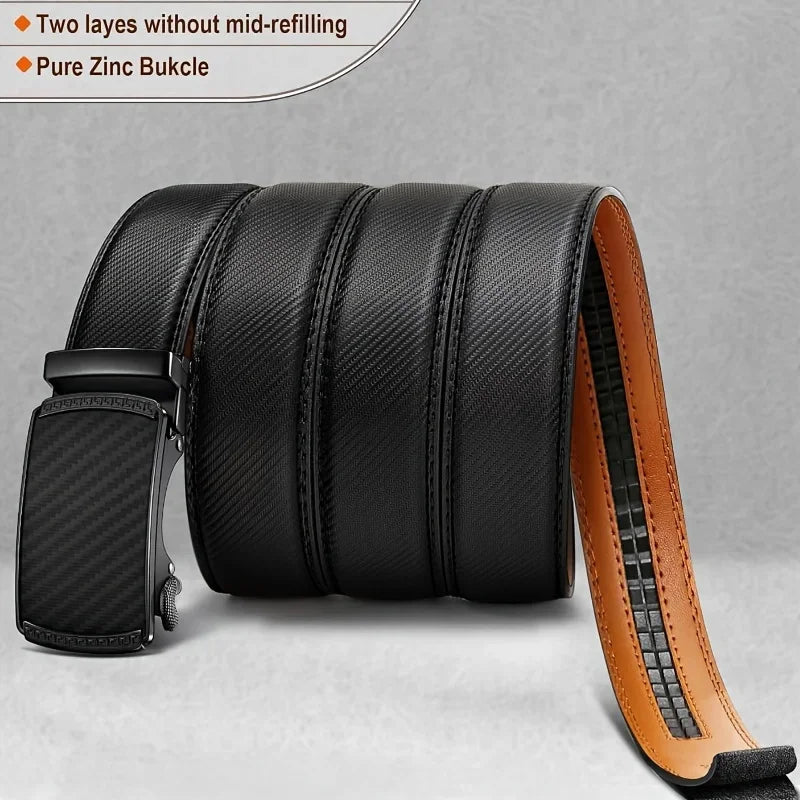 Black leather belt with a brown strap and carbon fiber buckle on a gray background
