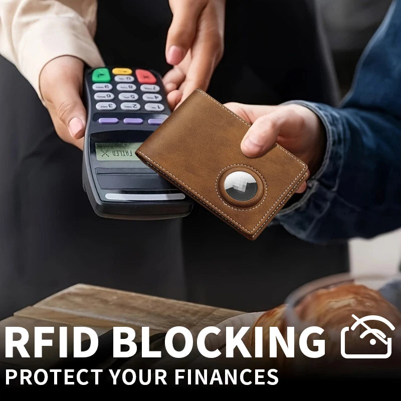 Person using a card reader with a brown leather wallet, emphasizing RFID blocking.