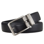 Black leather belt with a silver buckle on a white background