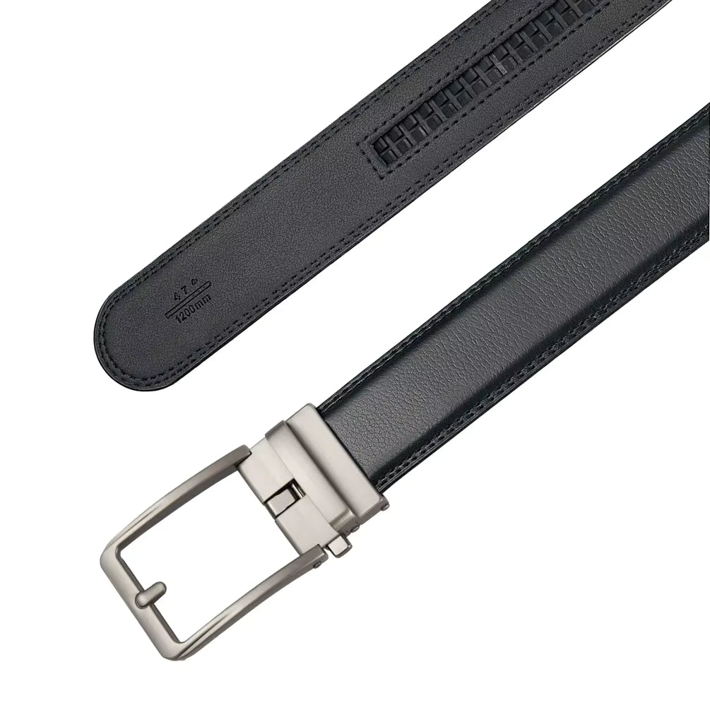 Black leather belt with silver buckle on a white background