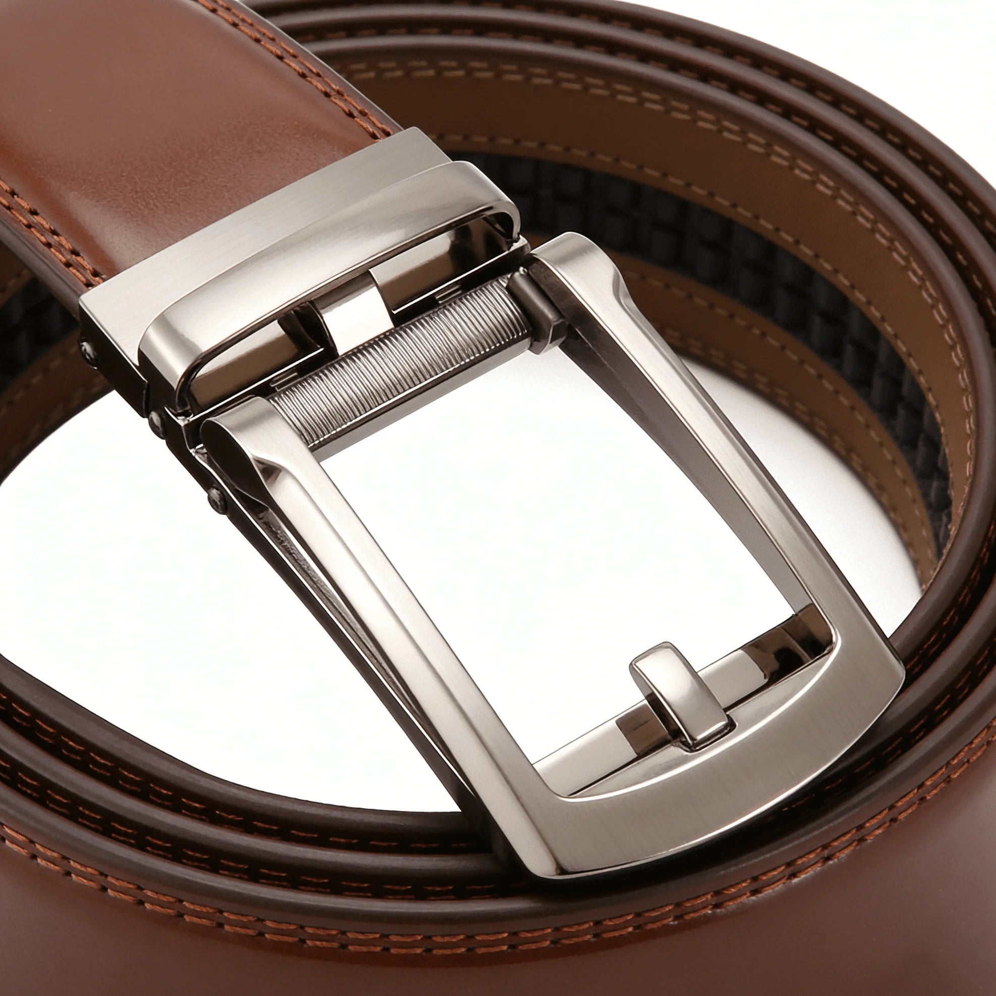 Brown leather belt with a silver buckle on a white background