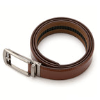 Brown leather belt with silver buckle on a white background