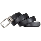 Black leather belt with silver buckle on a white background