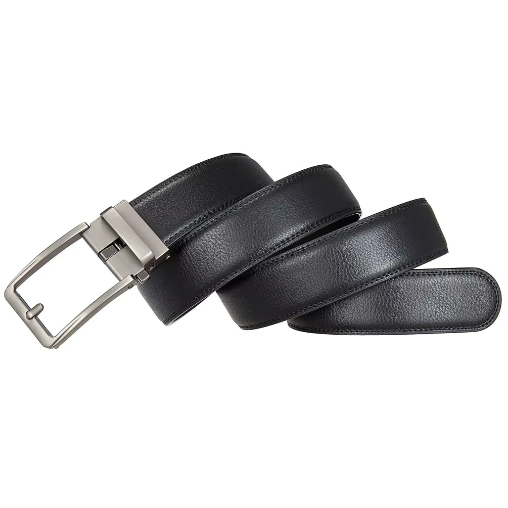 Black leather belt with silver buckle on a white background