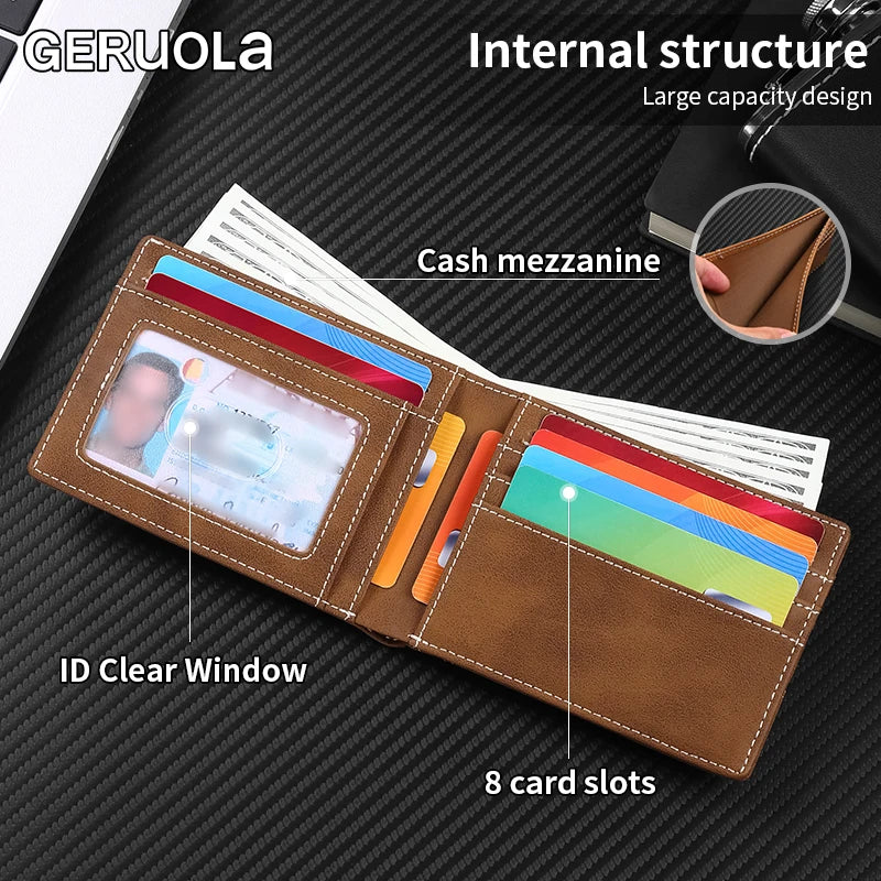 Brown wallet with labeled features on a black carbon fiber background