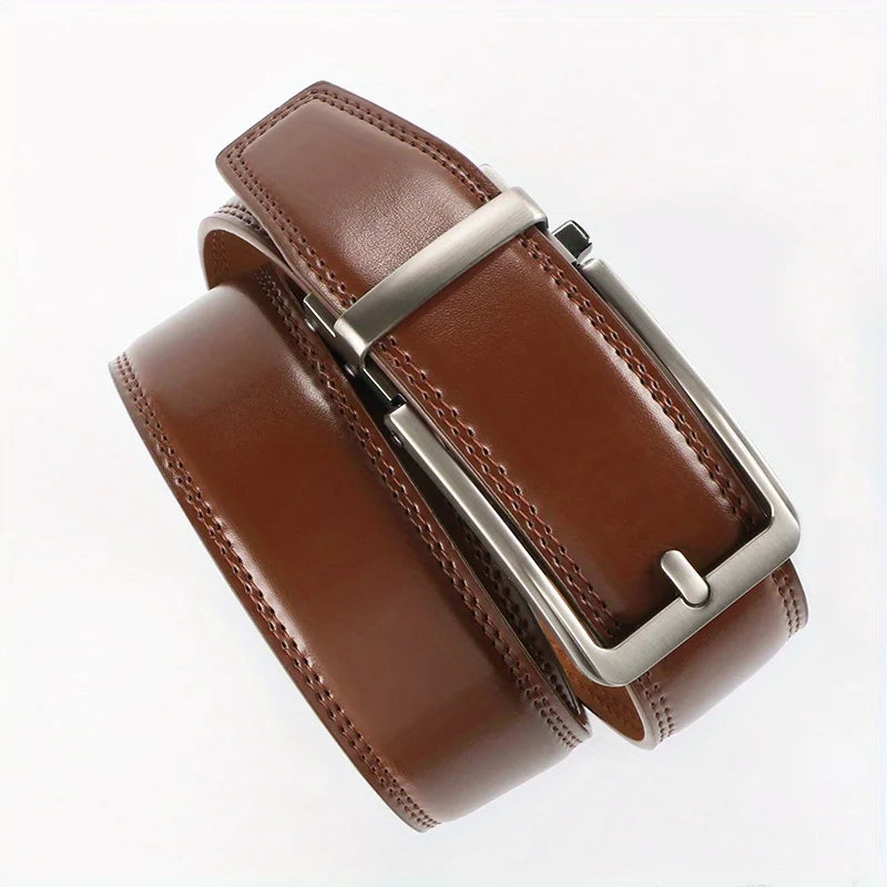 Brown leather belt with silver buckle on a white background