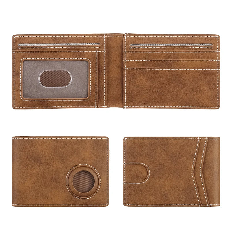 Brown leather airtag wallet with card slots on a white background