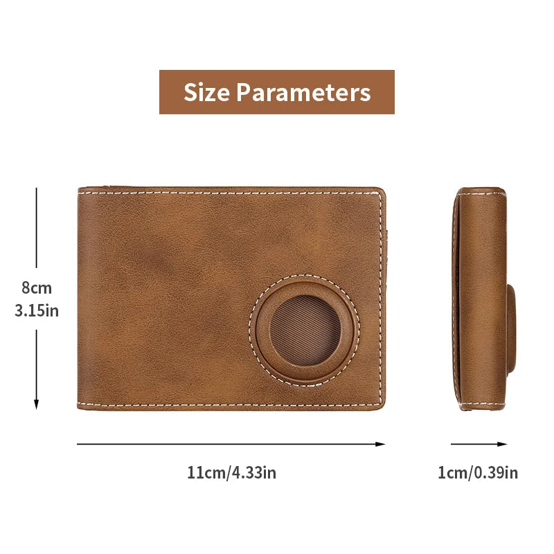 Brown leather wallet with measurements on a white background