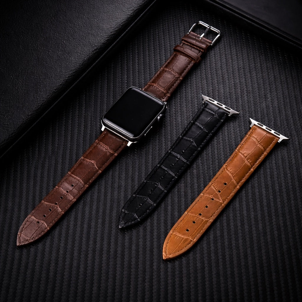 Three leather watch straps in brown, black, and tan on a dark textured surface.