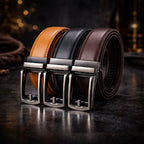 Brown leather belt with silver buckle on a white background