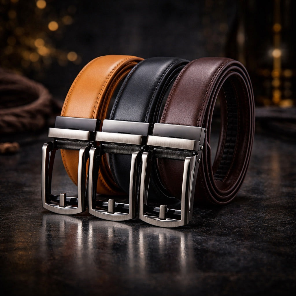 Brown leather belt with silver buckle on a white background