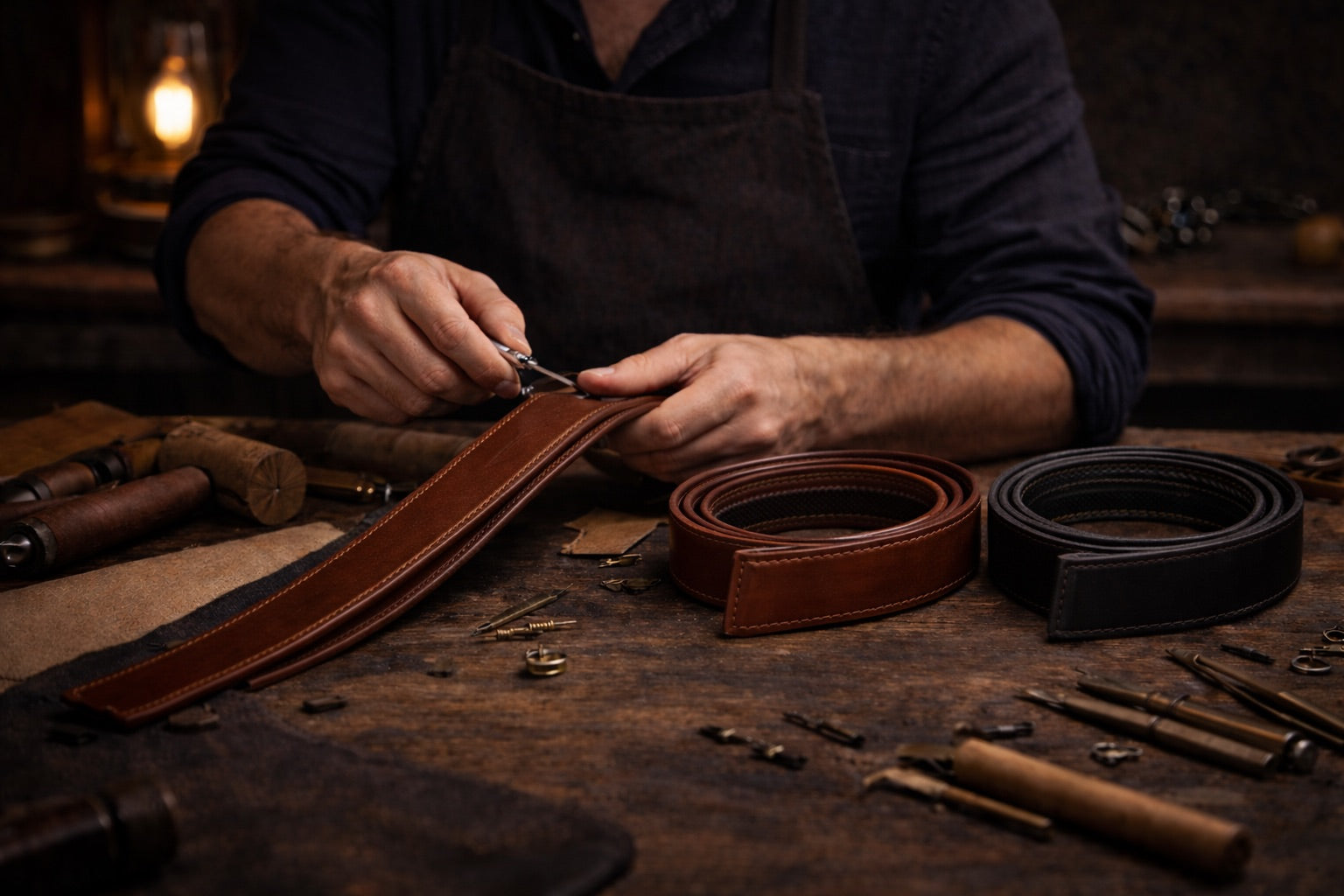 Person working with leather Automatic Leather Belt  at a table in a workshop