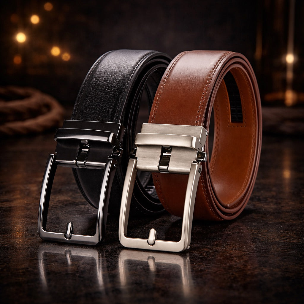 Two leather belts, one black and one brown, with silver buckles on a reflective surface.