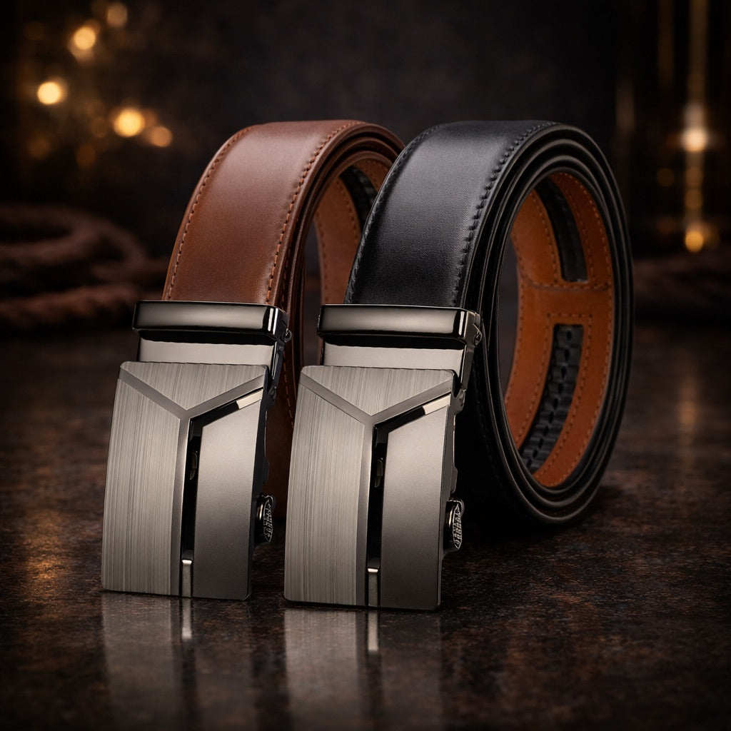 Two leather belts with silver buckles on a dark background