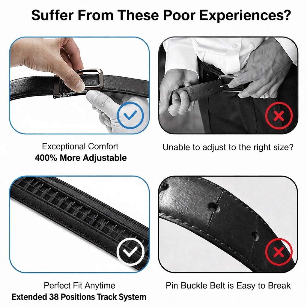 Comparison of a belt with a pin buckle and a track system, highlighting comfort and durability.