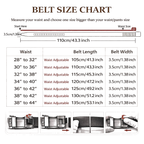 Belt size chart with measurements and illustrations of belt adjustments.
