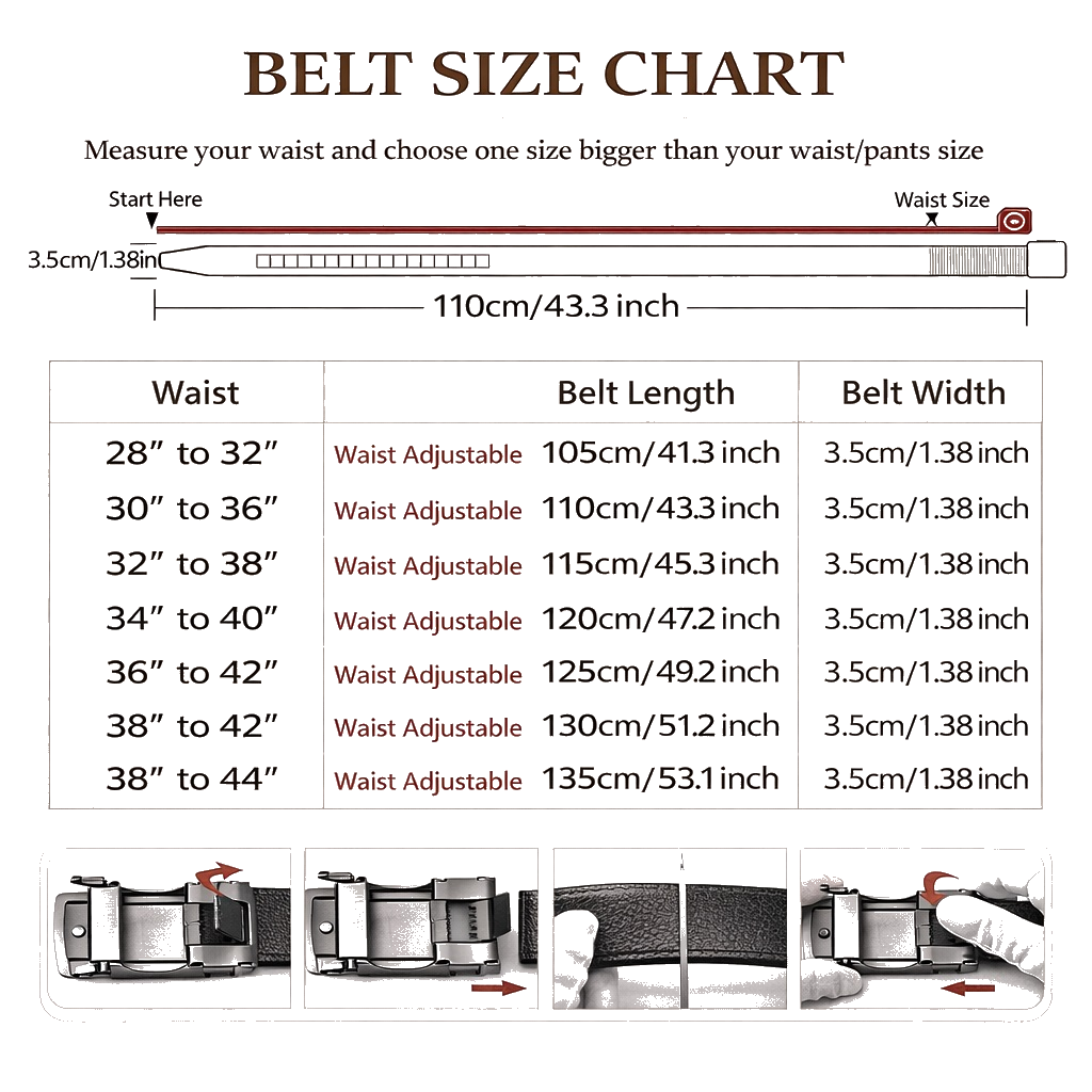 Belt size chart with measurements and illustrations of belt adjustments.