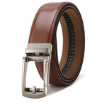 Brown leather belt with silver buckle on a white background
