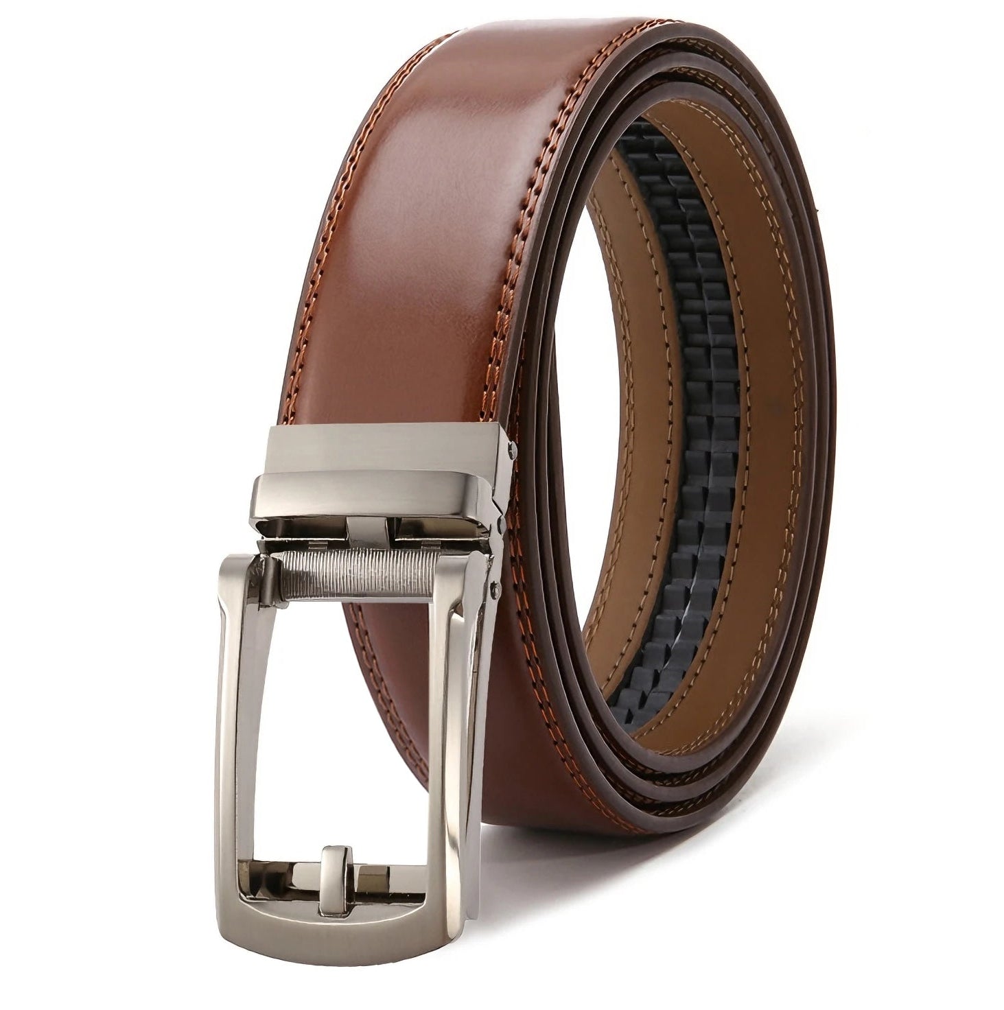 Brown leather belt with silver buckle on a white background