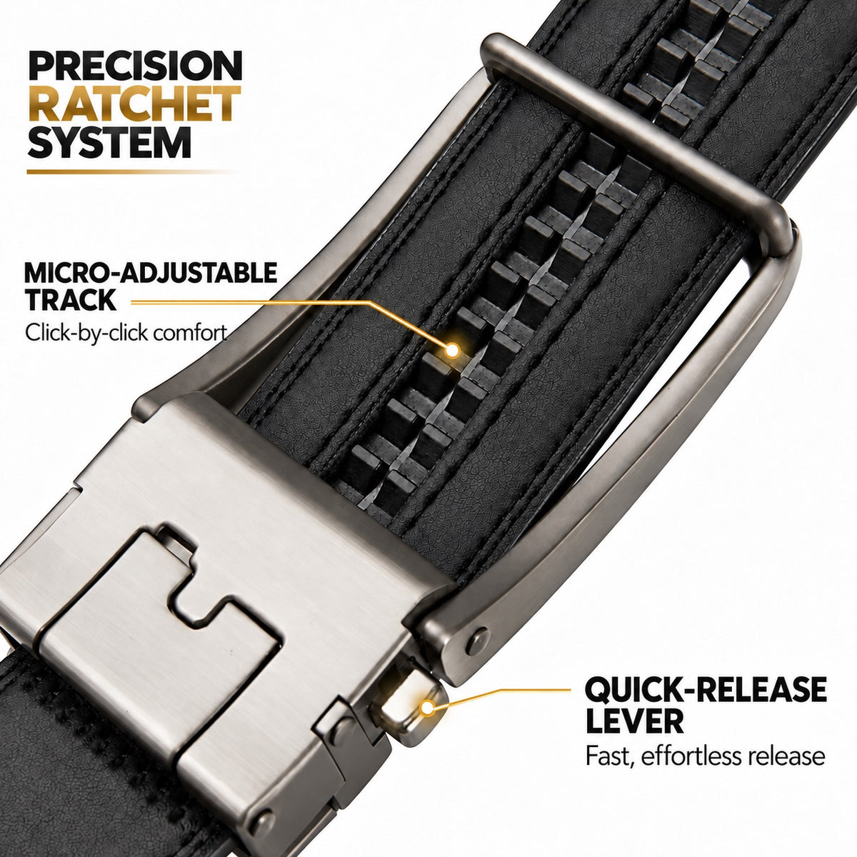 Close-up of a watch strap with a brushed metal ratchet buckle and text callouts explaining the precision ratchet system, micro-adjustable track, and quick-release lever on a white background.