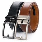 Two leather belts, one black and one brown, with silver buckles on a white background.