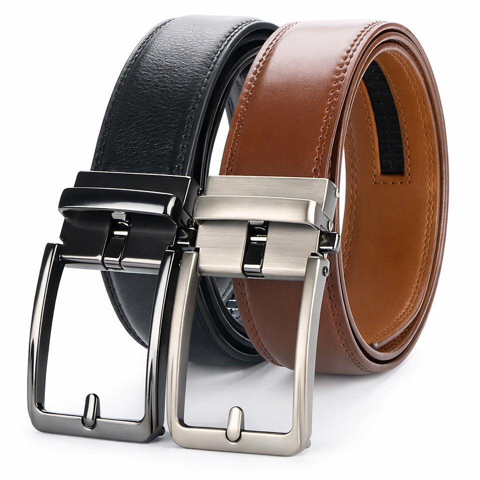 Two leather belts, one black and one brown, with silver buckles on a white background.