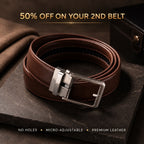 A brown leather belt with a silver-toned metal buckle, coiled on a dark stone surface with promotional text reading '50% OFF ON YOUR 2ND BELT' and feature callouts at the bottom.